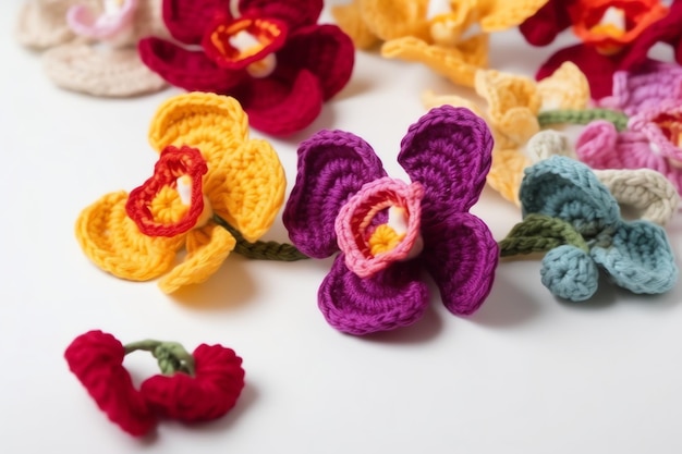 Crochet flowers on a white table