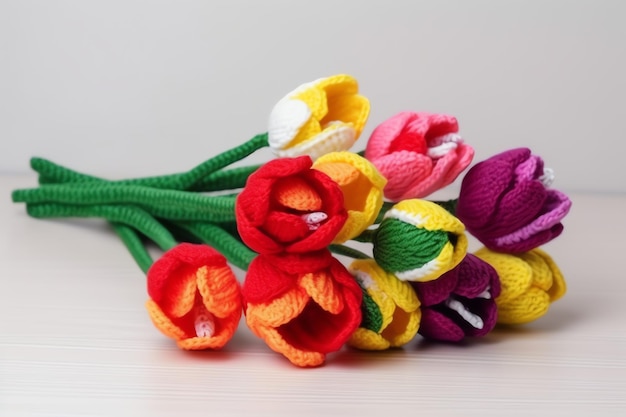 Crochet tulips are made with a cotton blend.