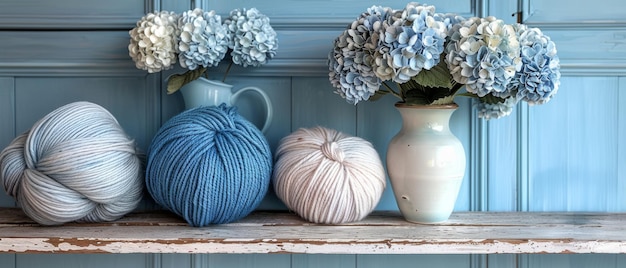 Photo crochet yarn and hortensia in a vase in a shabby chic style