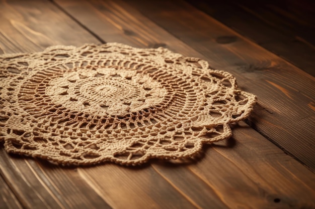 Crocheted Doily On Wooden Surface Texture Generative AI