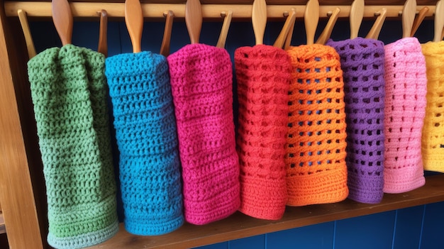 Crocheted kitchen towels in vibrant patterns both functional and decorative