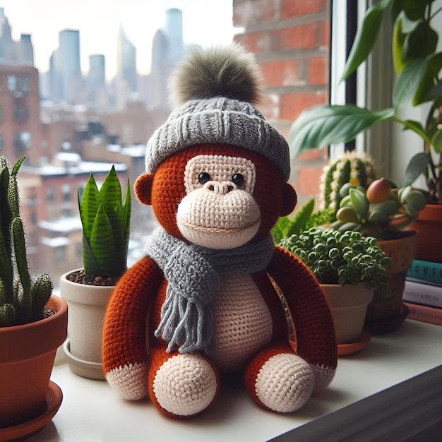 Photo crocheted orangutan in scarf and hat on windowsill with plants