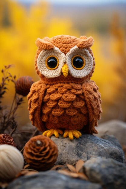 A crocheted owl is sitting on a rock