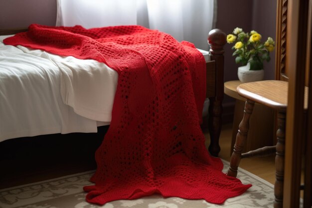 Crocheted red blanket on bed in child room covid or organic cotton fibers created with generative ai