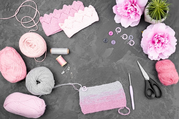 Premium Photo  Crocheting supplies on slate background