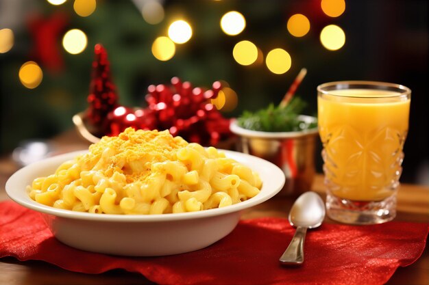 Foto crock pot mac e formaggio per la colazione sul tavolo di legno con sfondo di decorazione natalizia