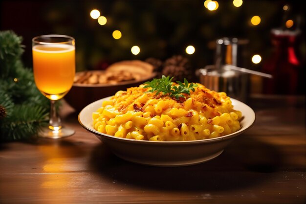 Crock Pot Mac and Cheese for Breakfast on the Wooden Table with Christmas Decoration Background