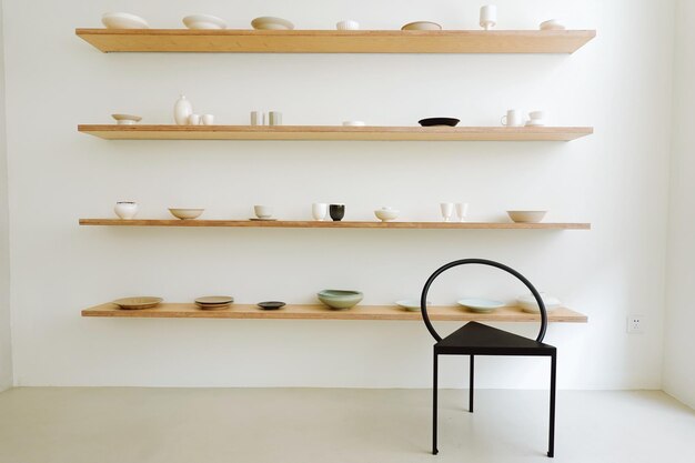 crockery on shelf at home