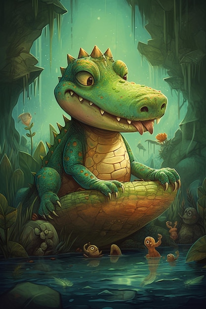 Crocodile Adventures in a Magical World A Colorful ComicStyle Digital Painting