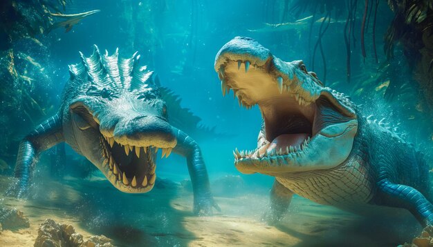 крокодил и аллигатор плавают в воде