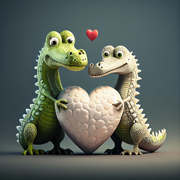 Crocodile or alligator couple in love with hearts 3d render illustration