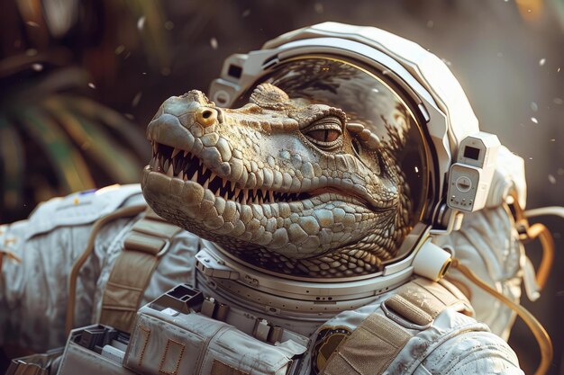 Photo crocodile astronaut in space suit