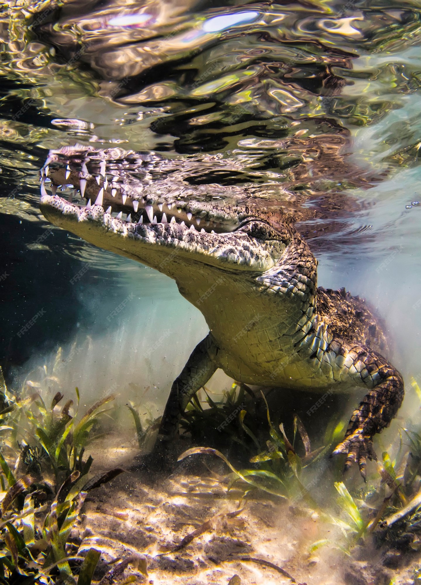 fort Modsigelse stå Premium Photo | Crocodile floats underwater. alligator in shallow water  looks out of water. marine life under water in ocean. observation animal  world. scuba diving adventure in red sea, coast africa