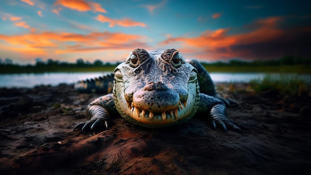 Crocodile in front of a lake looking at the camera