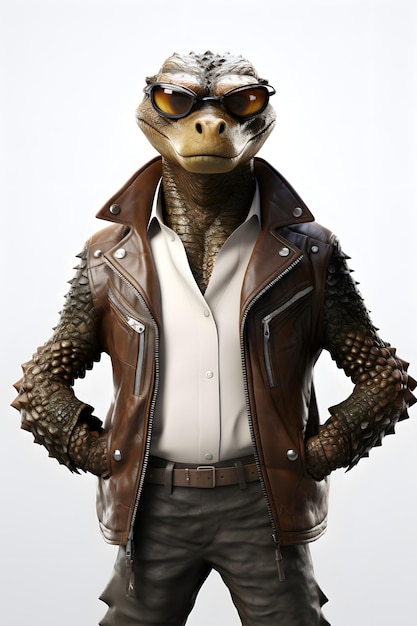 crocodile full body in a leather jacket and glasses walking on white background