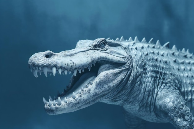 Crocodile head on blue background closeup of photo