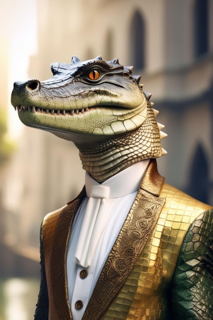 Фото Крокодил в королевской одежде в городе людей