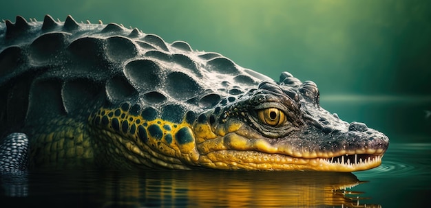 A crocodile is floating in the water.