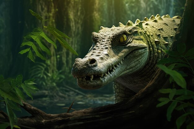 A crocodile is hunting in the forest