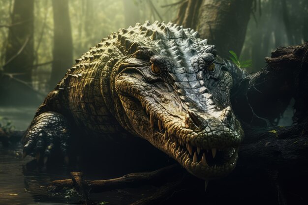 A crocodile is hunting in the forest