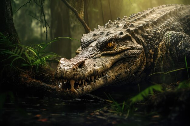 A crocodile is hunting in the forest