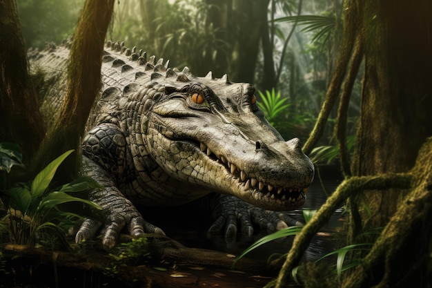 A crocodile is hunting in the forest