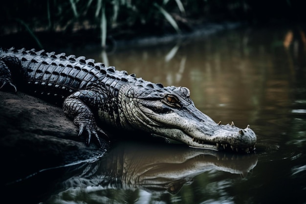 A crocodile is resting on a rock in the water.