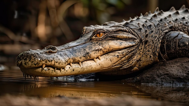 A crocodile is resting in the water with its head above water.