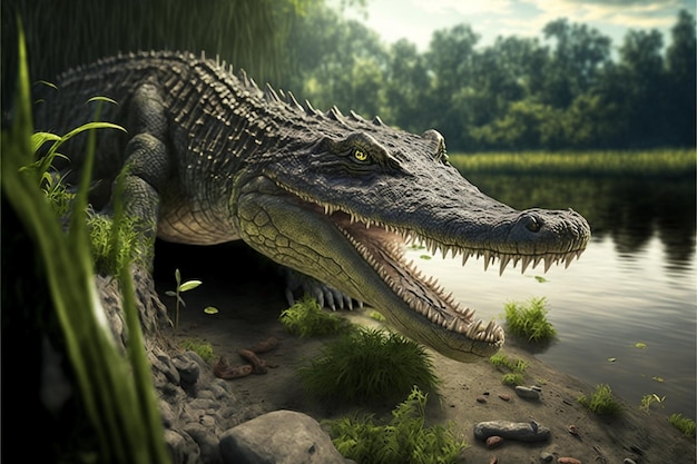 A crocodile is on the shore of a river.