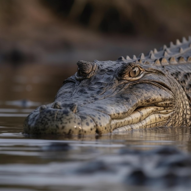 A crocodile is swimming in a river.