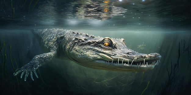 Photo the crocodile is swimming in swamp with ai generated