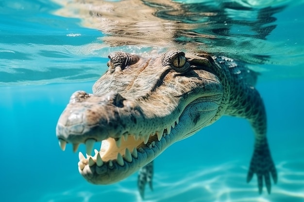 A crocodile is swimming under the water with its mouth open.