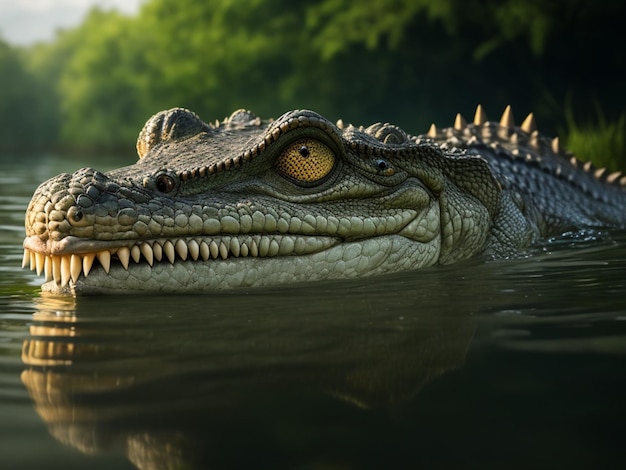 A crocodile is in the water with its mouth open.