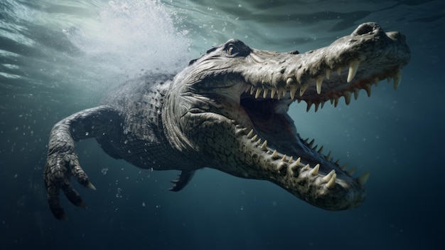 Крокодил прыгает в воду подводная фотосъемка Животное ныряет в глубины Дикая природа