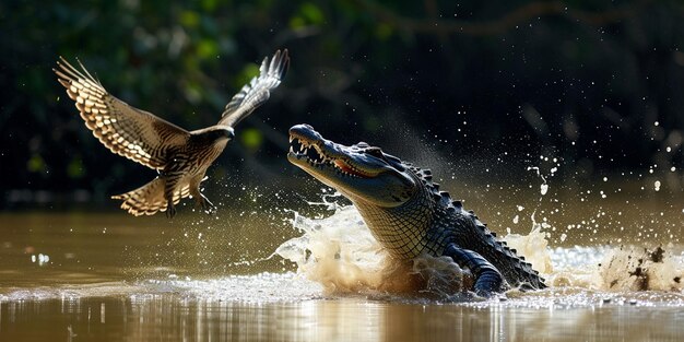 독수리가 독수리를 잡기 위해 물 밖으로 뛰어내려 갑작스러운 격렬한 움직임을 포착합니다.