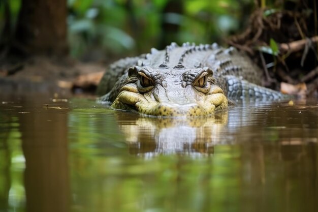 Photo crocodile partially submerged in water tracking its prey