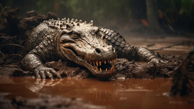 Crocodile in the rainforest 3D rendering Generative AI