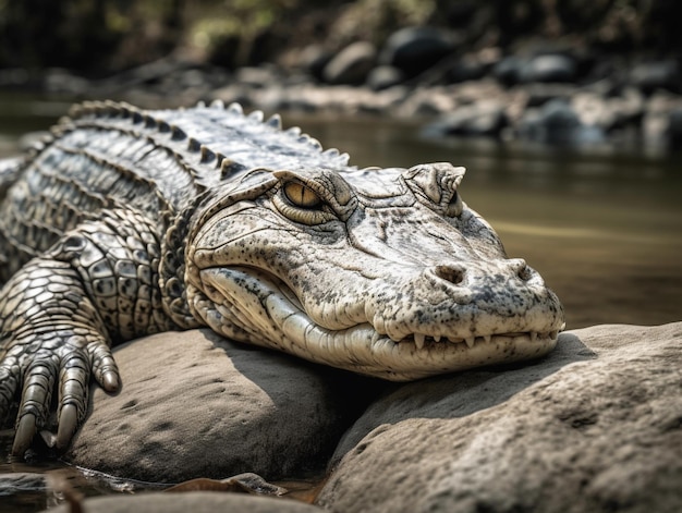 A crocodile rests on a rock in the water.