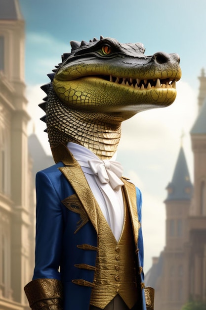 Photo crocodile in royal dress in the city of the human