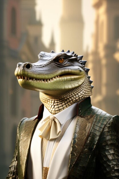 Photo crocodile in royal dress in the city of the human