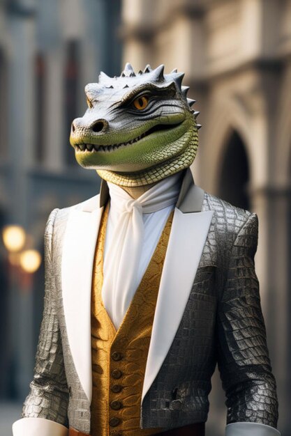 Photo crocodile in royal dress in the city of the human