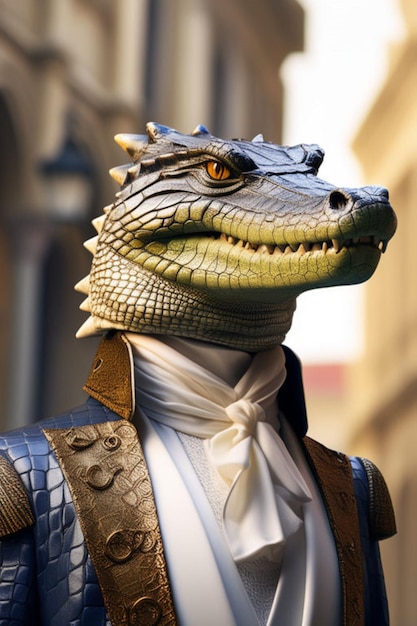 Photo crocodile in royal dress in the city of the human