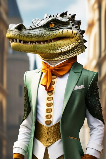 Photo crocodile in royal dress in the city of the human