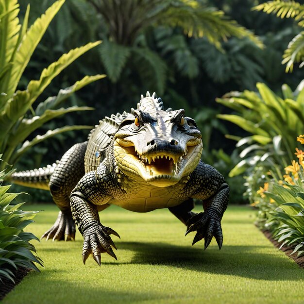 Photo crocodile running on background track desert nature wildlife and snow