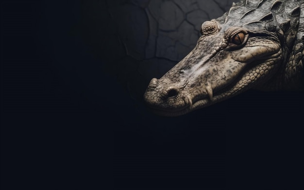 A crocodile's face is shown in a dark background.