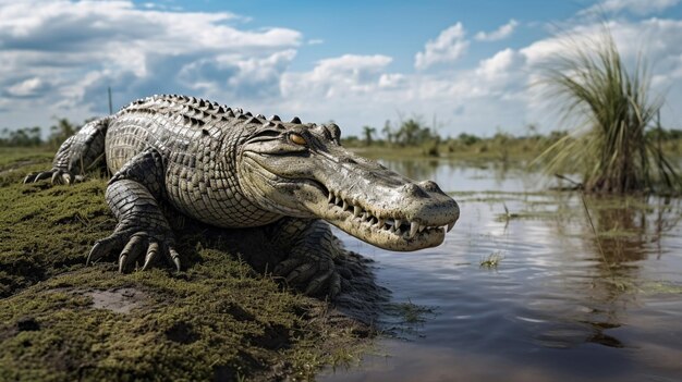 A crocodile sits on the bank of a river