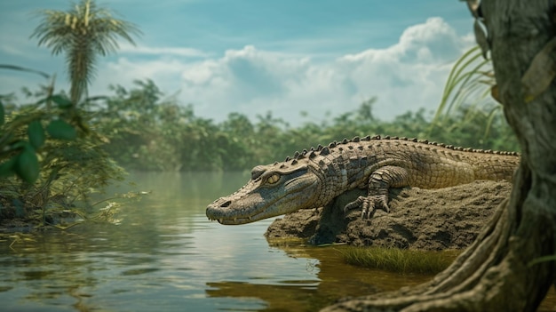 A crocodile sits on a rock in a jungle