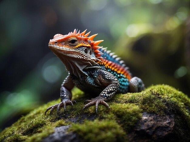 Crocodile skink sunbathing on moss crocodile skink closeup