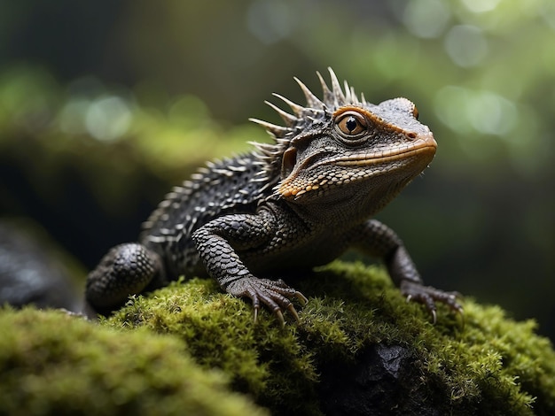 Crocodile skink sunbathing on moss crocodile skink closeup