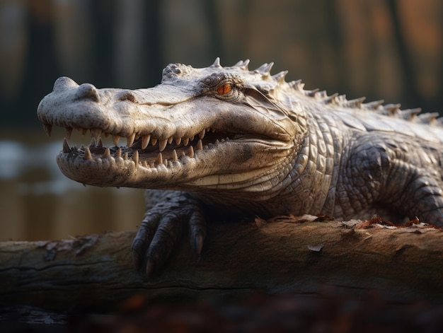 Crocodile sunbathing on the riverbank